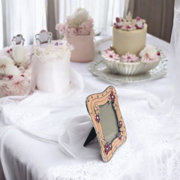 Vintage PINK ENAMEL & CRYSTALS Metal Square Picture Frame 3.5 x 3.5 picture - Picture 2 of 5